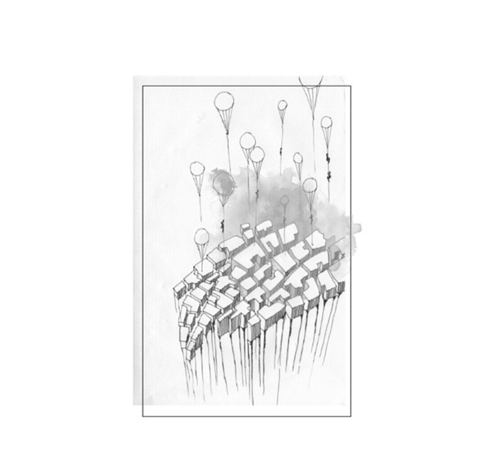 Ink drawing: a city held up by balloons