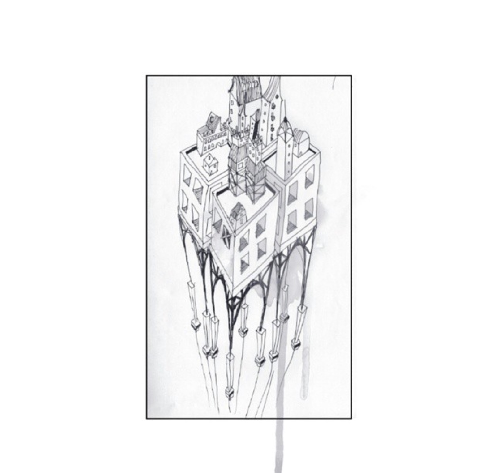 Ink drawing: a floating city on stilts