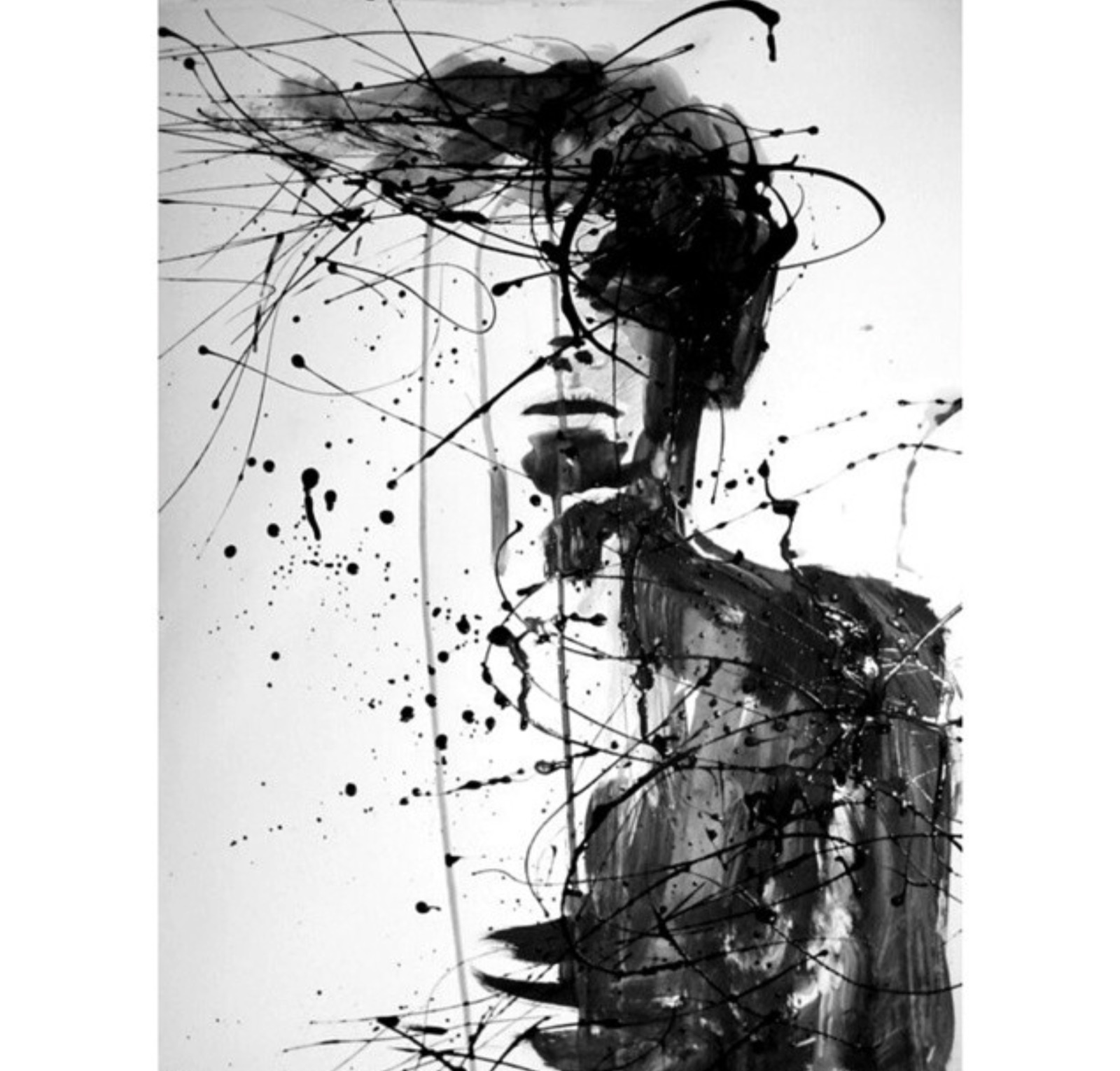 Ink portrait with splattered lines